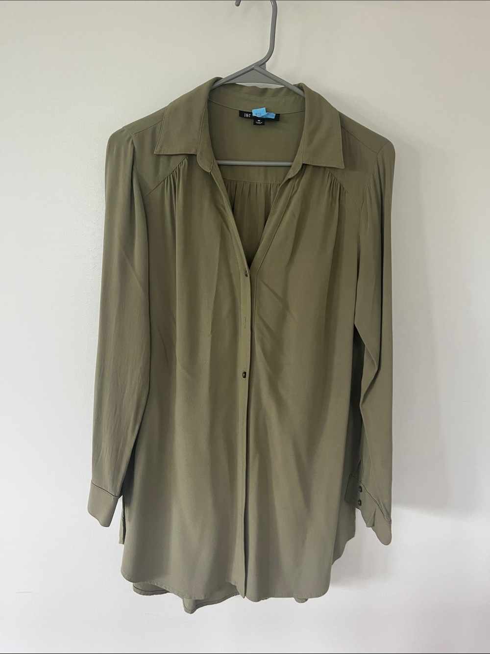 INC International Concepts Olive Green Button-Front Blouse